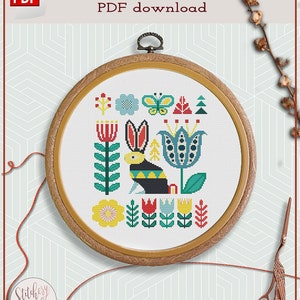 Folk art rabbit cross stitch PDF 画像 2