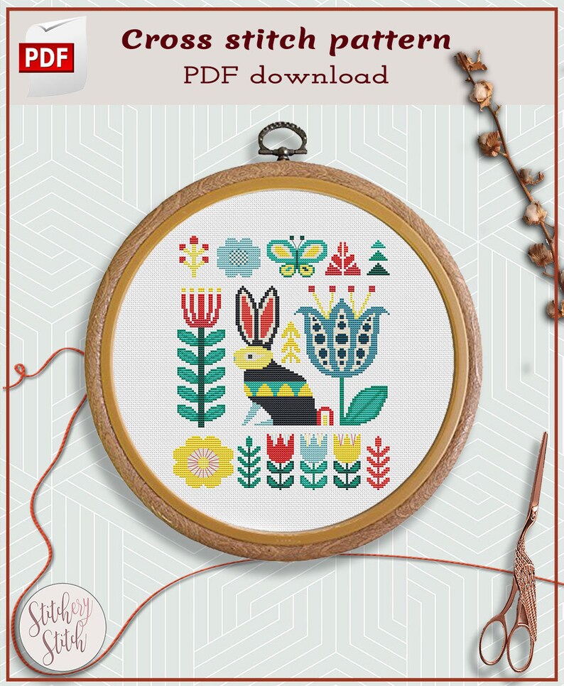 Folk art rabbit cross stitch PDF 画像 2