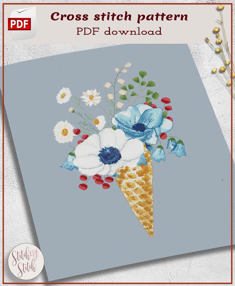 Floral ice cream cross stitch pattern by Stitchery Stitch image 2