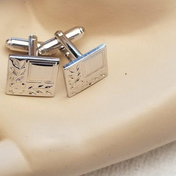 Vintage Silver Tone Square Leaf Cufflinks – Class… - image 3