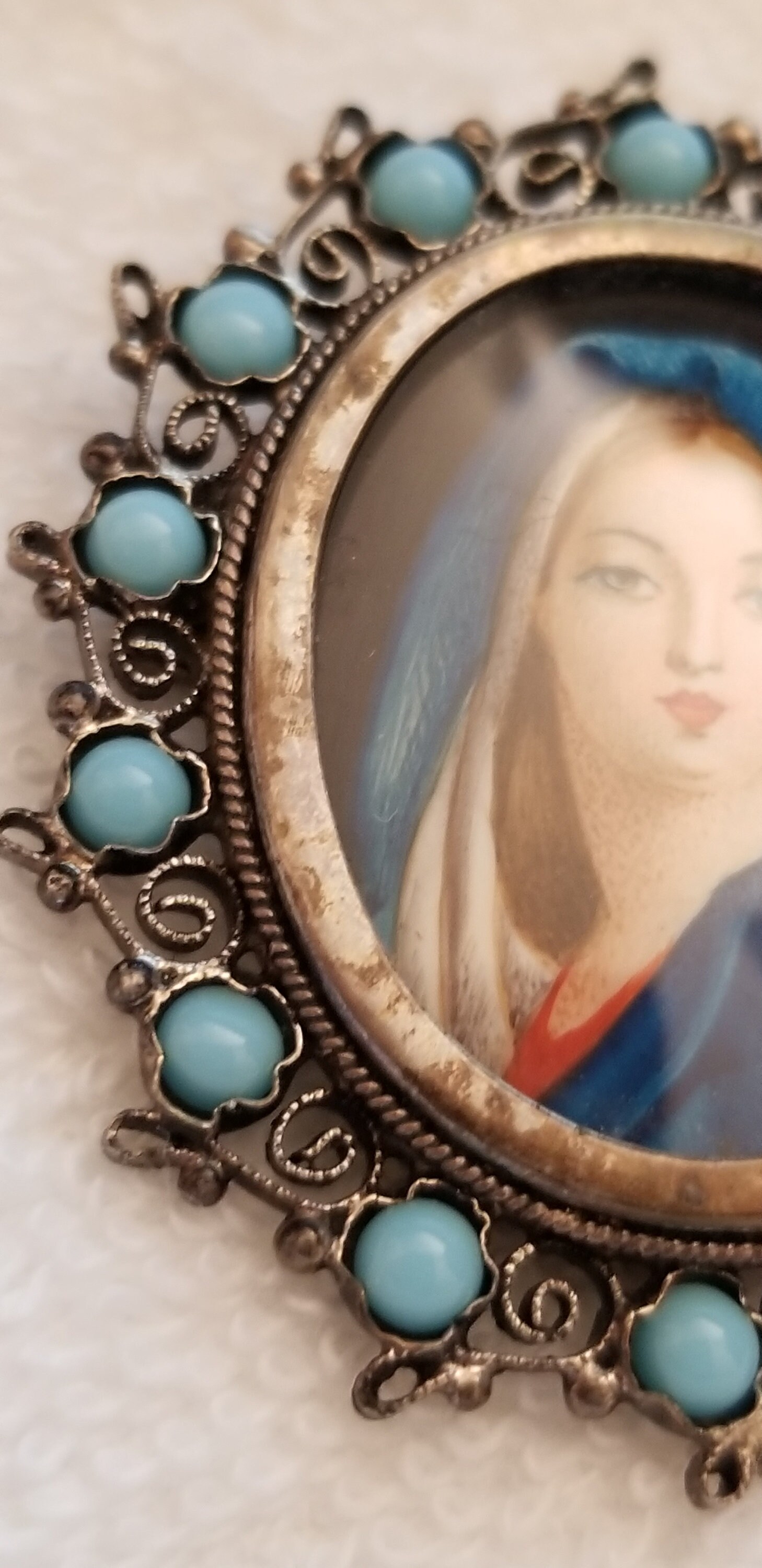 Vintage 800 Silver Virgin Mary Brooch – Hand Painted  Vintage 800 Silver Virgin Mary Brooch – Hand Painted Portrait Pin Religious main image 0