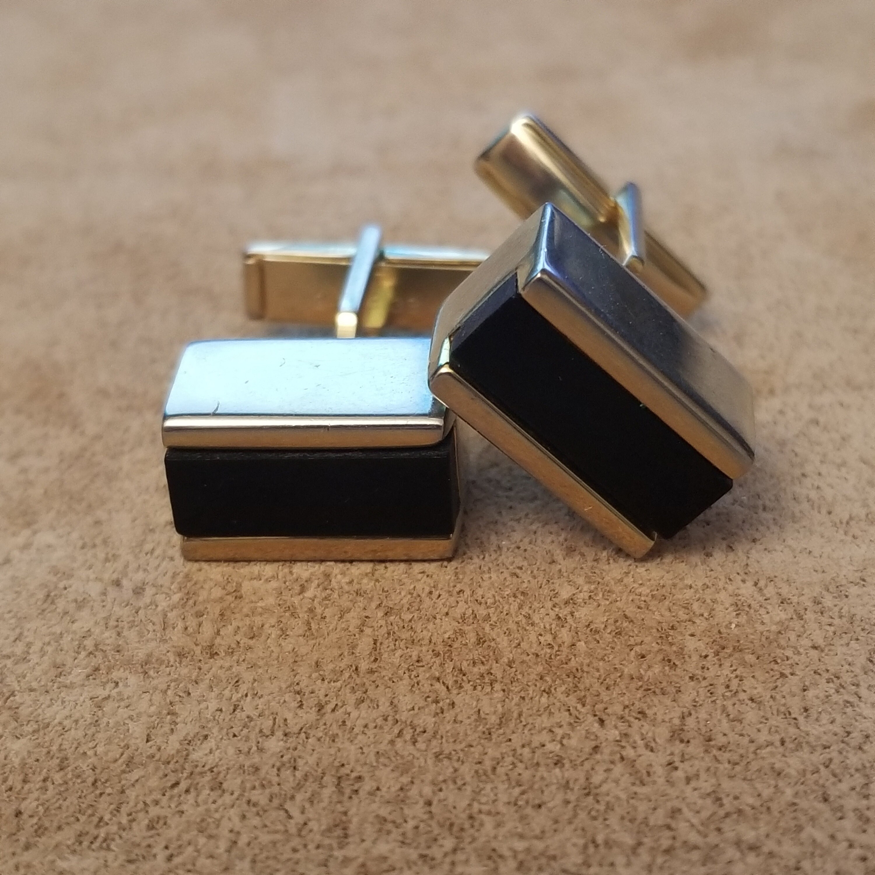 Vintage Gold Tone Cufflinks With Black Stone Inlay Patent
