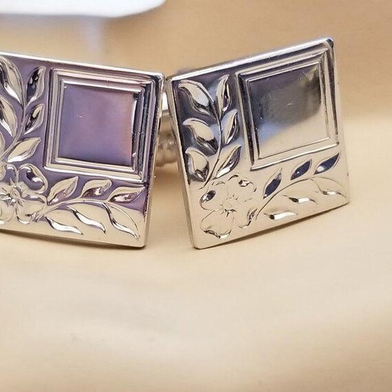 Vintage Silver Tone Square Leaf Cufflinks – Class… - image 5