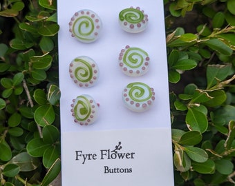 Lampworked Glass Buttons - Pearly white with green swirl!