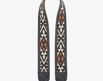 Boho-Chic Camera Strap: Adjustable black Leather Camera Strap with Ethnic fabric for DSLR cameras like Nikon, Canon, Leica, Fuji, Sony, etc