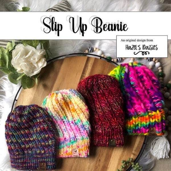 Slip Up Beanie | PDF Digital Download | Knitting Pattern | Knit | Hat | Stocking Cap | Adult | Winter | Cabled | Striped | Unique | HD