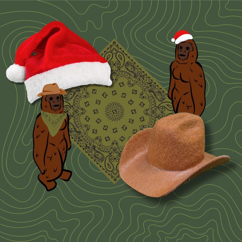May include: Three brown cartoon figures wearing different hats. The figures are wearing a red Santa hat, a brown cowboy hat, and a red Santa hat with a bandana. The figures are standing on a green background with a paisley pattern.