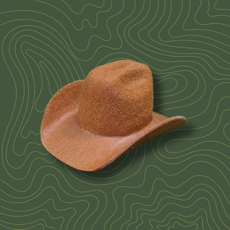 May include: A brown felt cowboy hat with a wide brim. The hat is on a green background with a wavy pattern.
