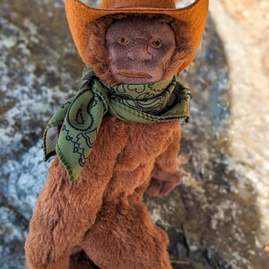 May include: A brown plush monkey wearing a brown cowboy hat and a green paisley bandana.