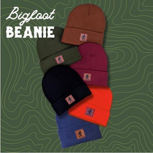 Pu&ograve; includere: Sei berretti di diversi colori con un logo a silhouette di Bigfoot. I berretti sono impilati uno sopra l'altro. I berretti sono marrone, verde, bordeaux, nero, arancione e blu.