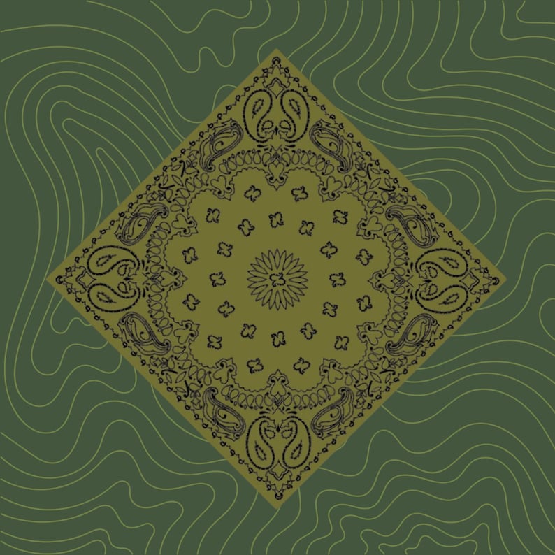May include: A green bandana with a black paisley pattern. The bandana is folded into a diamond shape and has a central design with a floral motif.