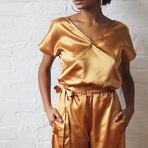 Women Satin Jumpsuit | Elegant Short Sleeve Pants Suit with Finish V-Neck