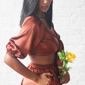 Women Satin Two Piece Set | Elegant Mid Sleeve Crop Top and Pants