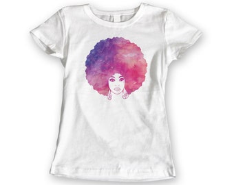 Afro Woman Watercolour T-shirt | Womens Watercolor Pink Purple Original Graphic Vest. 100% Cotton White Ladies tee S,M,L,XL,XXL Afro Art