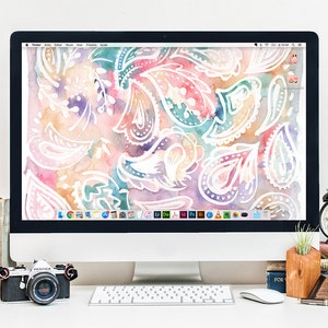 Hand Painted Paisleys Pattern with Watercolors. Indu Design. Instant Download Indian Desktop Wallpaper - Zoom Background for Video Call