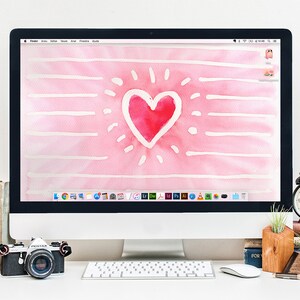 Watercolor Pink Heart Illustration Desktop Wallpaper - INSTANT DOWNLOAD - Zoom Background for Video Call