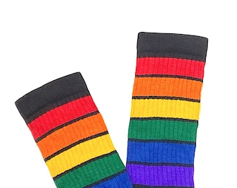 Rainbow Fat Stripe on Black Knee High Skate Socks / Tube Socks