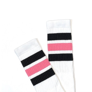 Retro Stripe Knee High Tube Socks, Thick Black & Pink Stripes, Vintage Style Roller Skate Socks