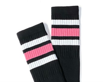 Retro Stripe Knee High Tube Socks, Black with White and Light Pink Stripes, Vintage Style Skater Socks