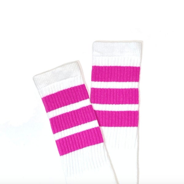 Retro White with Fuchsia Pink Stripes Knee High Skate Socks / Tube Socks