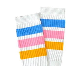 Retro Stripe Knee High Tube Socks, Blue Pink & Yellow/Gold Stripes, 22” Vintage Style Skate Socks
