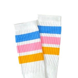 Retro Stripe Knee High Tube Socks, Blue Pink & Yellow/Gold Stripes, 22” Vintage Style Skate Socks