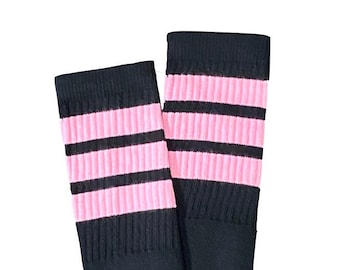 Retro Streifen kniehohe Schlauchsocken, schwarz mit hellrosa Streifen, Vintage Style Roller Girl Socken