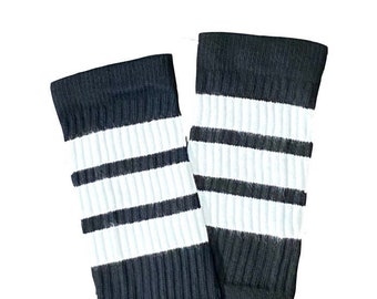 Retro Stripe Tube Socks, Black with White Stripes, 22” Vintage 1970 Style Socks