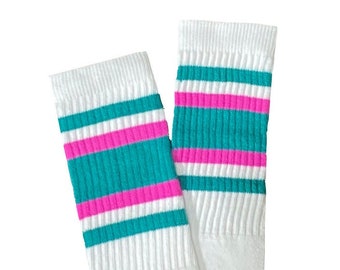 Retro Streifen kniehohe Schlauchsocken, petrolfarbene und rosa Streifen, Vintage Style Skater Socken