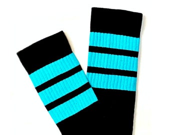 Retro Streifen kniehohe Schlauchsocken, schwarz mit Aqua Streifen, Vintage Style Roller Derby Socken