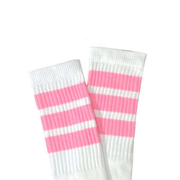 Retro Stripe Tube Socks, White with Light Pink Stripes, 19” Vintage Roller Derby Socks