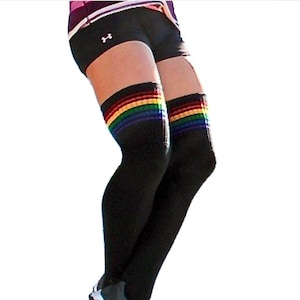 Thigh High Rainbow Stripes on Black Skate Socks / Tube Socks