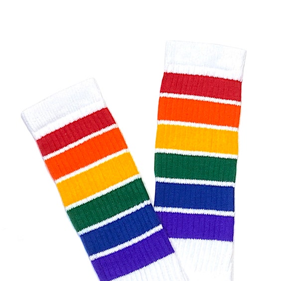 Buy Rainbow Fat Stripe on White Knee High Skate Socks Tube Socks