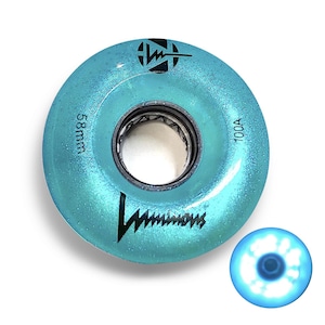 May include: A turquoise blue roller skate wheel with black lettering that reads "58mm" and "100A". The wheel has a black lightning bolt logo and a black circle with a lightning bolt inside. The wheel is illuminated with a blue light.