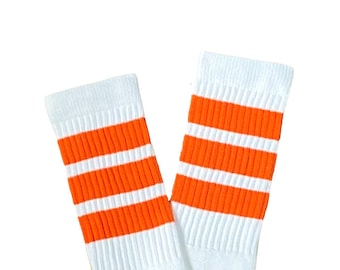 Retro Streifen kniehohe Schlauchsocken, weiß mit orangefarbenen Streifen, 52 cm Vintage Style Roller Girl Socken