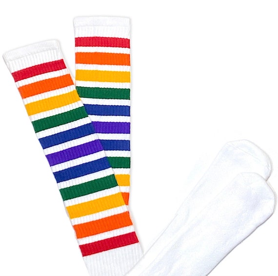Thigh High Rainbow Double Stripe on White Thigh High Skate Socks