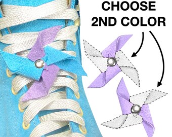 Pinwheel Shoelace Charms Roller Skate Accessory, LILAC + CHOOSE 2nd Color Suede (Set de 2)