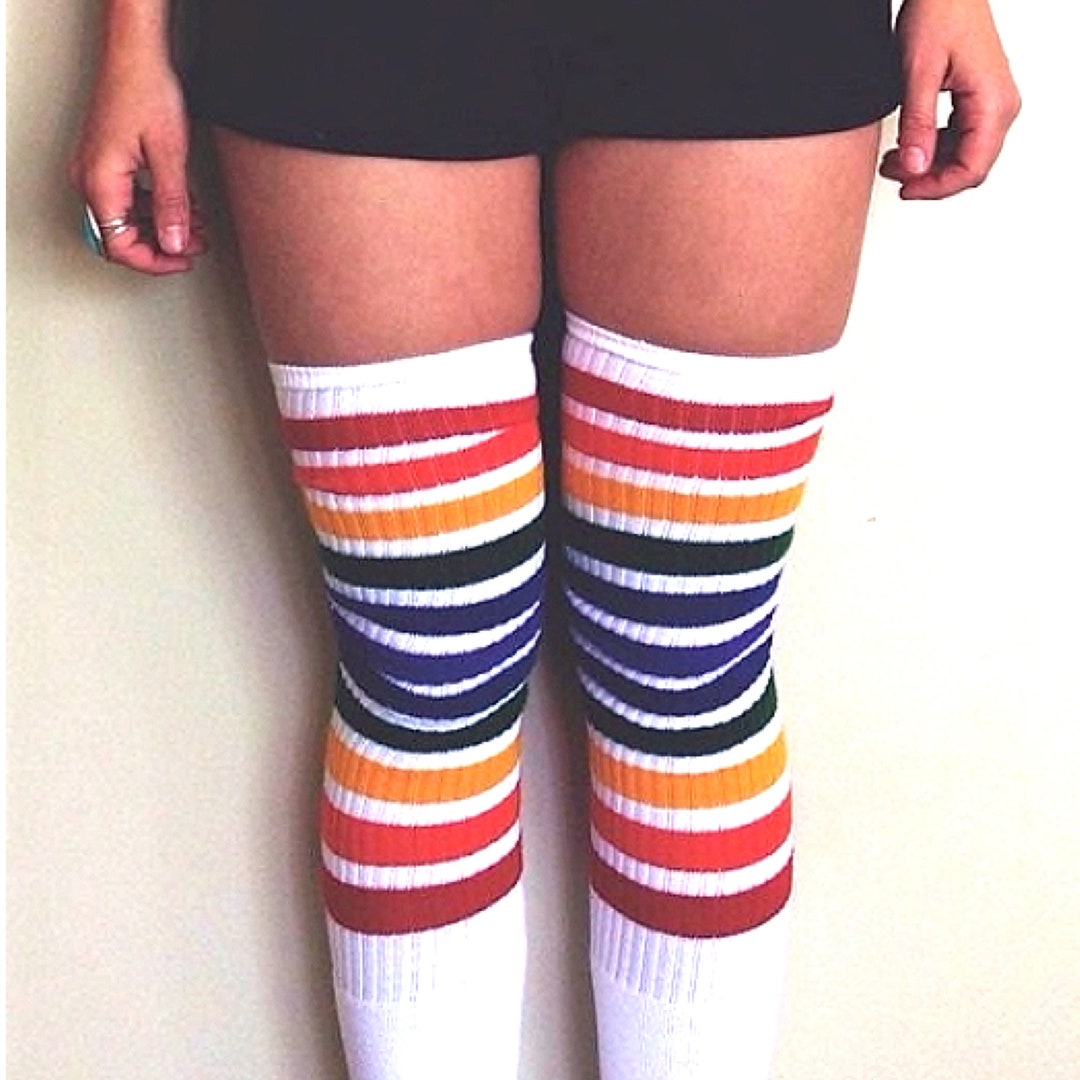 Thigh High Rainbow Double Stripe on White Thigh High Skate Socks / Tube