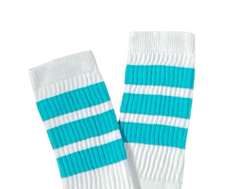 Retro Streifen kniehohe Schlauchsocken, weiß mit aquafarbenen Streifen, 22 ”Vintage Style Derby Socken