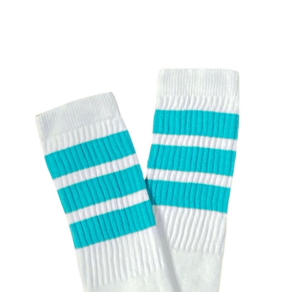 Retro Stripe Knee High Tube Socks, White with Aqua Stripes, 22” Vintage Style Derby Socks