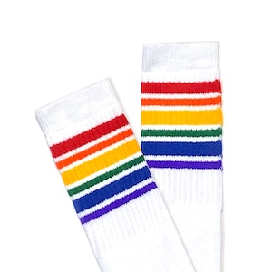 Rainbow Stripe on White Knee High Skate Socks / Tube Socks