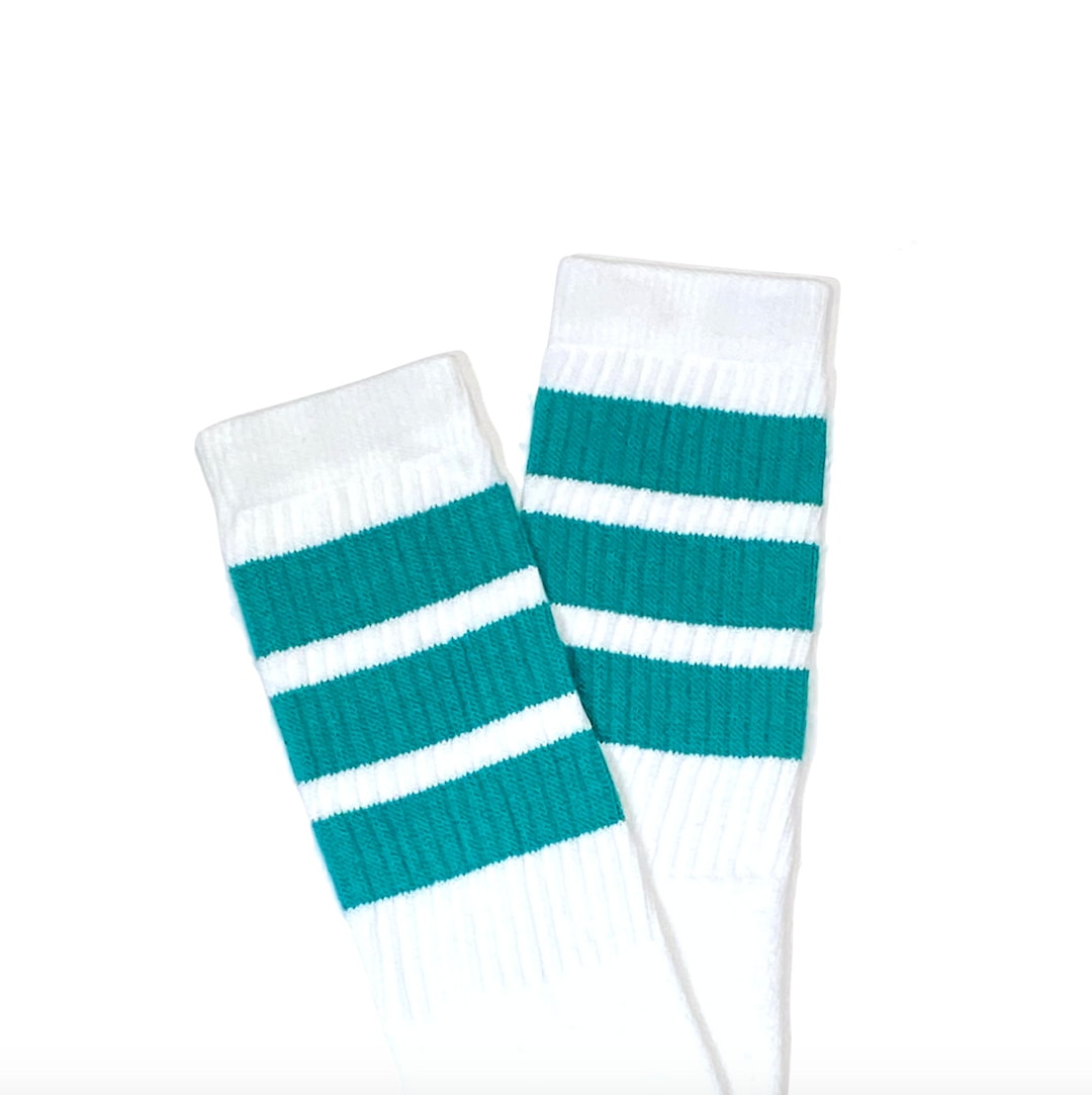 Retro Stripe Knee High Tube Socks, White With Teal Stripes, 22 Vintage Style Roller Skate Socks