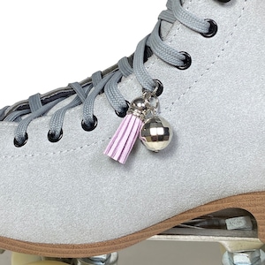 Suede Tassel Shoelace Charm Roller Skate Accessory, Light Orchid Tassel + Disco Ball