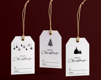 Printable Christmas Gift Tags, Minimalist Black & White Holiday Tags, Merry Christmas Gift Labels, Instant Download