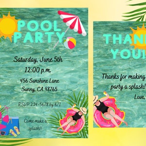 Digital Pool Party Invitation and Thank You, Ediable Pool Party Invite, Birthday Invite, Editable Birthday Invitation and Thank You, Evite