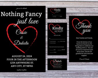 Digital Black and Red Wedding Invitation Bundle, Editable Wedding Invitations, Thank You, RSVP, Details, Wedding Evite, Printable Wedding