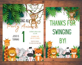 Jungle Birthday Digital Invitation and Thank You, Birthday Invitation Evite, Editable Jungle Safari Birthday Digital, Safari Thank You