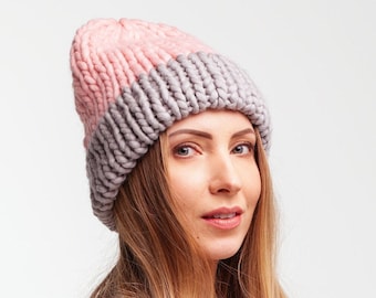 Womens winter knit beanie hat SAMPLE SALE - Knitted wool hat for women - Pink and gray folded double brim hat