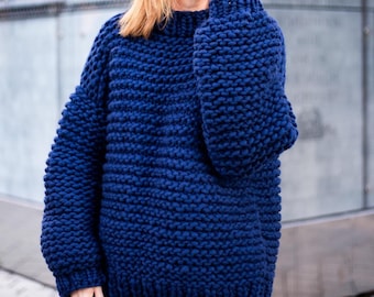 Oversized Chunky Knit Sweater, Merino Wool Crew Neck Pullover