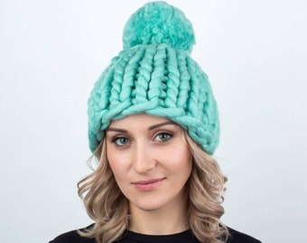 Chunky knit beanie with pom pom - Womens pom pom hat - Winter knitted hats women - Merino wool beanie